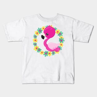 Cute Flamingo, Baby Flamingo, Bird, Flowers Kids T-Shirt